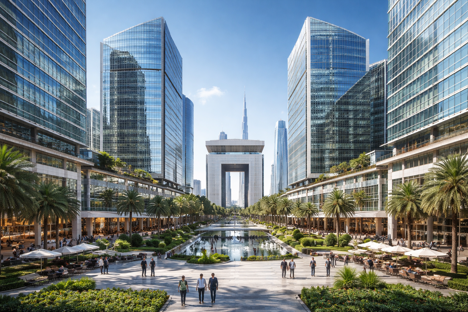 Modern DIFC plaza with sleek towers