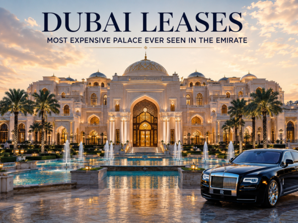 Opulent Dubai palace at sunset